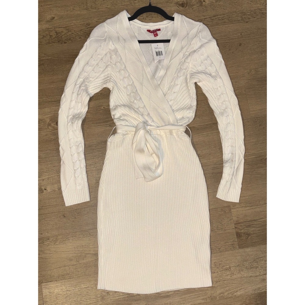 Guess‎ Aria Surplice Cable Knit Sweater Dress Milky White Long Sleeve Midi XL